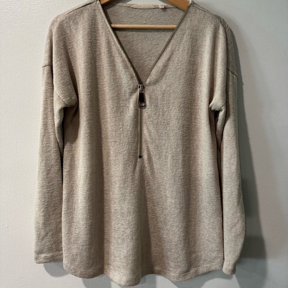 Soft Surroundings Sweater Womens M Beige 1/2 Zip Pullover V Neck Lightweight
